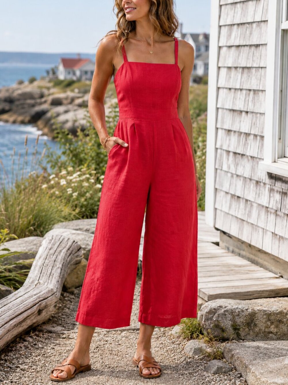 J.Crew Poppy Red 100% Linen Cropped Wide Leg Jumpsuit 8 Resort Coastal Travel - Picture 1 of 14